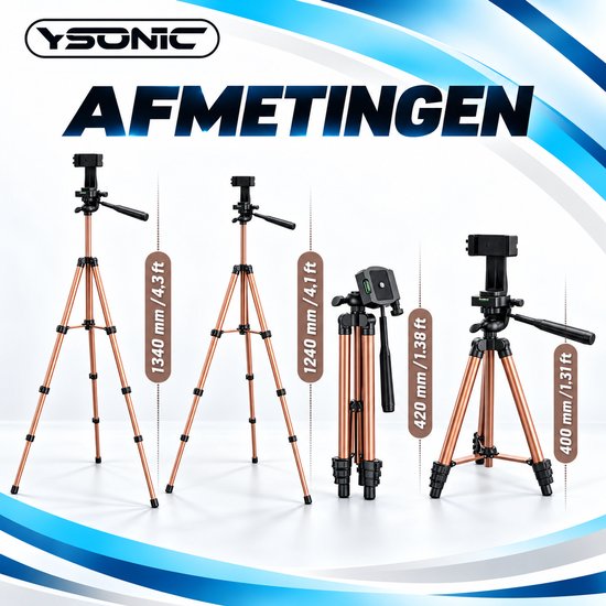 Overzicht van de verschillende YSONIC statief hoogtes van 40 cm tot 134 cm.