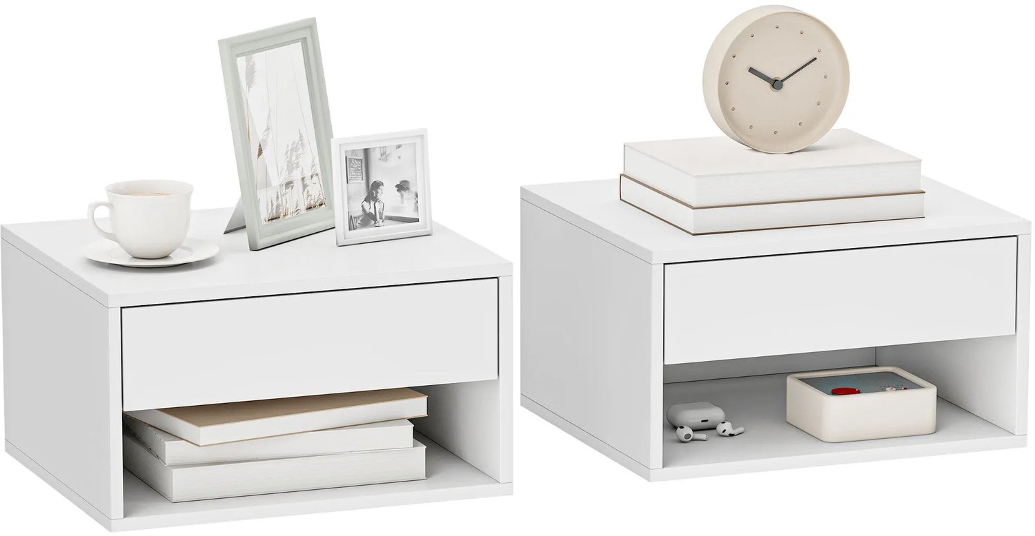 Archi Zwevende Nachtkastjes Set van 2 – Hangende Nachtkastjes - Wit – Lade & Open Vak –Modern - Wandmontage – 37 × 32 × 21 cm