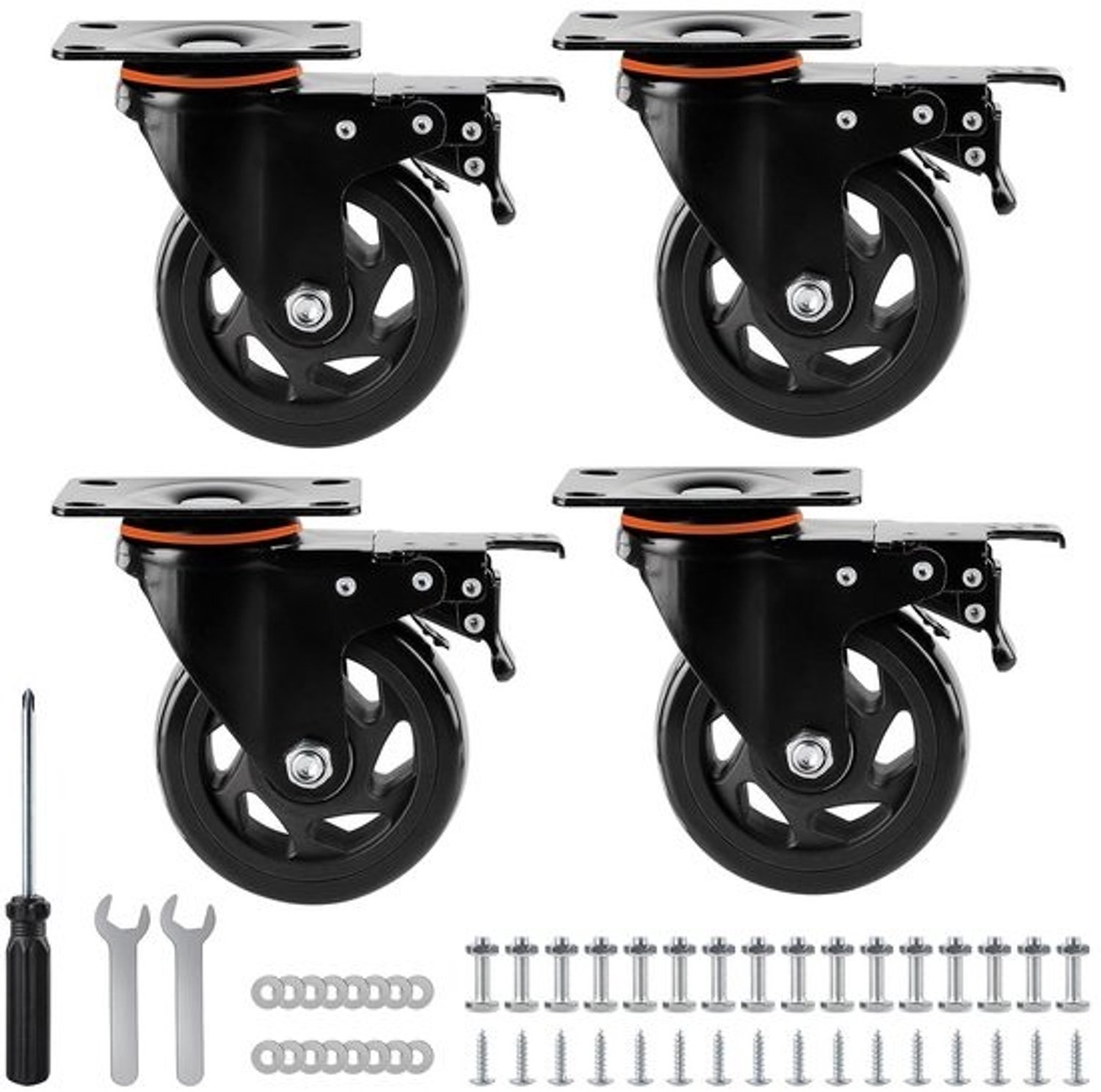 Zware zwenkwielen 100 mm met rem - Set van 4 - Polyurethaan meubelwielen met montagetoebehoren - 360 graden draaibaar voor meubels, trolleys en tafels