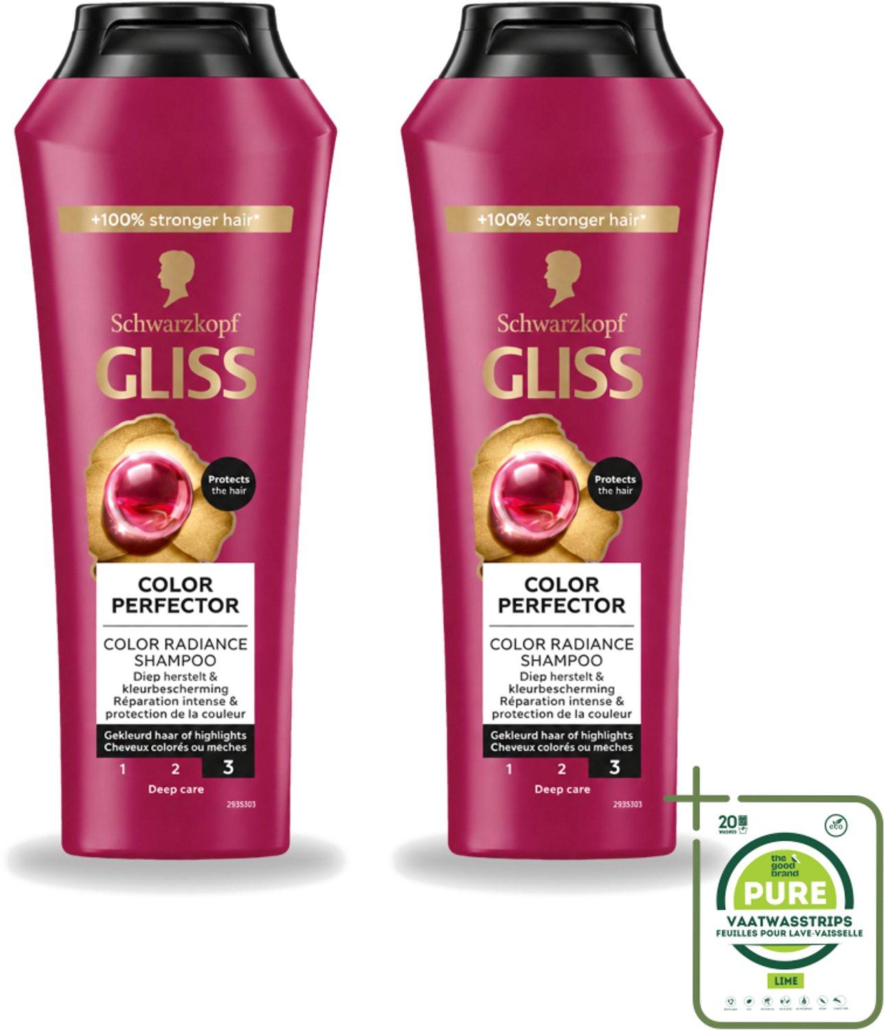 2 x Gliss - Shampoo - Color Protect & Shine - Voor Langdurige Kleurbehoud - 250 ml - Grootverpakking - Vaatwasstrips - Kleurbehoud - Glans - Haarverzorging - Kleurbescherming - Haarherstel