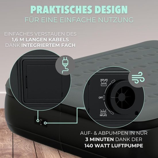 Opblaasbaar bed met ingebouwde pomp - Luchtbed voor logés - Slaapcomfort - Blaast zichzelf op - 200 x 160 cm - Grijs — afbeelding 3