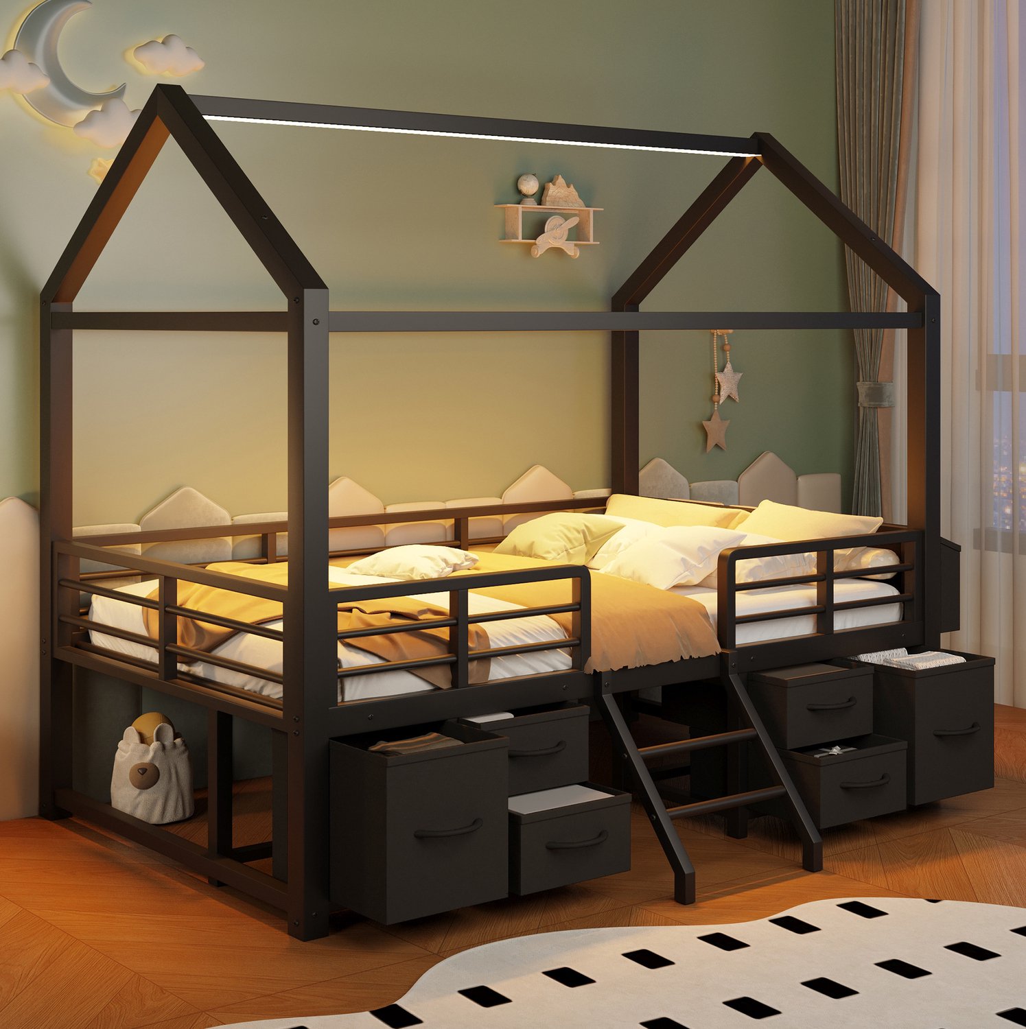 FloraGrace Hoogslaper 90x200cm - Kinderbed Met Huisdak En Ledverlichting - Met Stoffen Laden En Opbergruimte - Metaal En MDF - Zonder Matras - Zwart