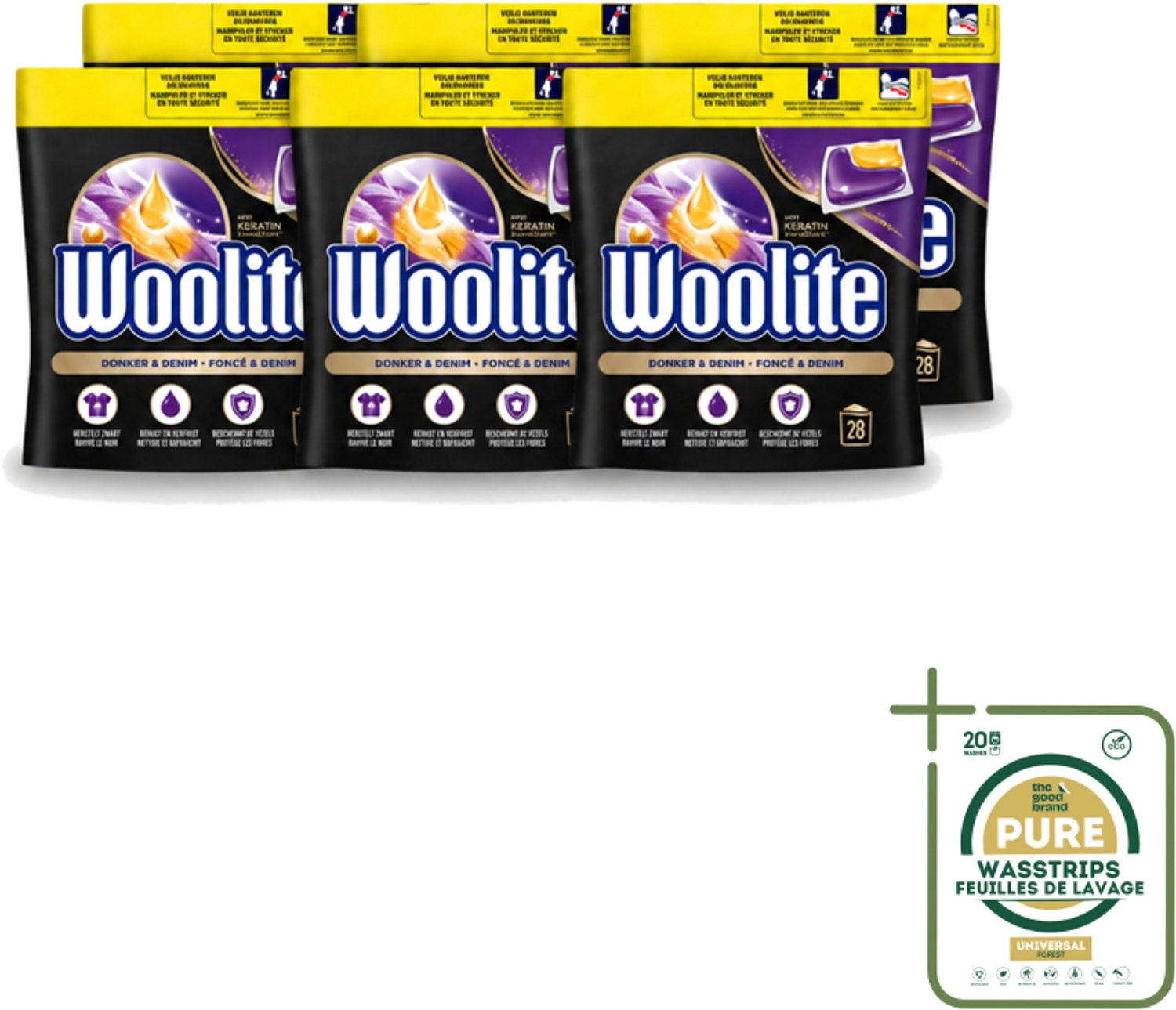 6 x Woolite Dark - Wasmiddelcapsules - Met Keratine - Donkere & Denim Was - 28 Wasbeurten - Wasstrips - Donker Wasmiddel - Denim Wasmiddel - Keratine Wasmiddel - Donkere Kleuren Behouden - Wasmiddel Voor Donker Kleding