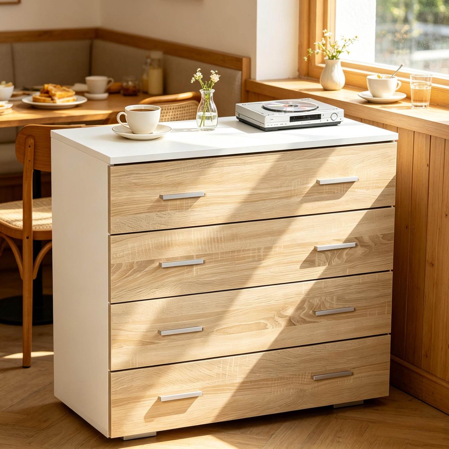 CHICFURN Ladekast 76 cm - 4 lades - Kantelbeveiliging - 1-delig - Woonkamer - Spaanplaat - Wit en licht hout