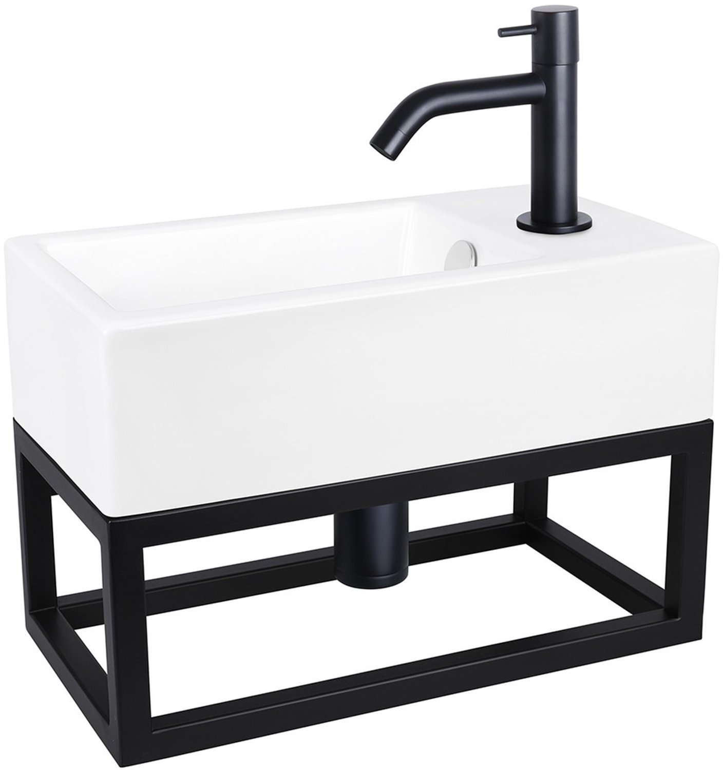 Hura L Set Toiletfontein - Compleet Fonteinset met Keramiek Fontein in de Kleur Wit - Zwart Frame en Zwarte Kraan - Compacte Wastafel voor het Toilet - Sanitair Set - 2 Jaar Garantie