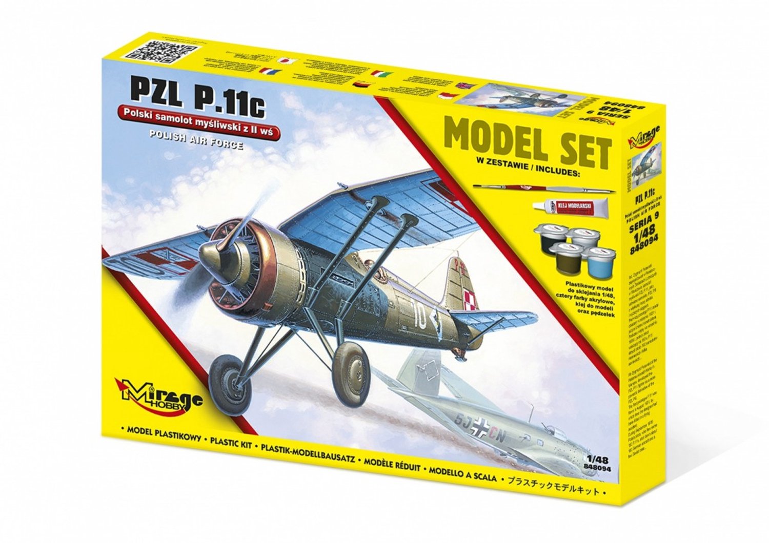 Mirage modelbouwpakket vliegtuig PZL P.11c - schaal 1:48, met verf en lijm
