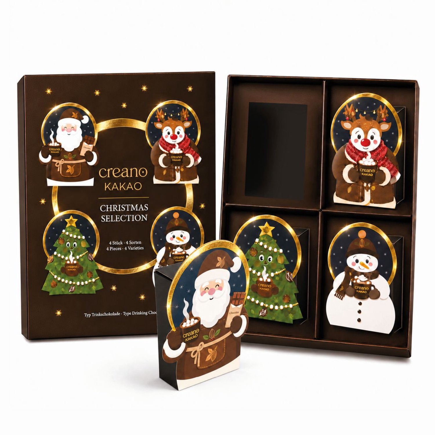 Creano Kakao kerstcadeau „Christmas Selection“ – 4 soorten drinkchocolade in doosjes met kerstfiguren: kerstman, rendier, sneeuwpop & kerstboom