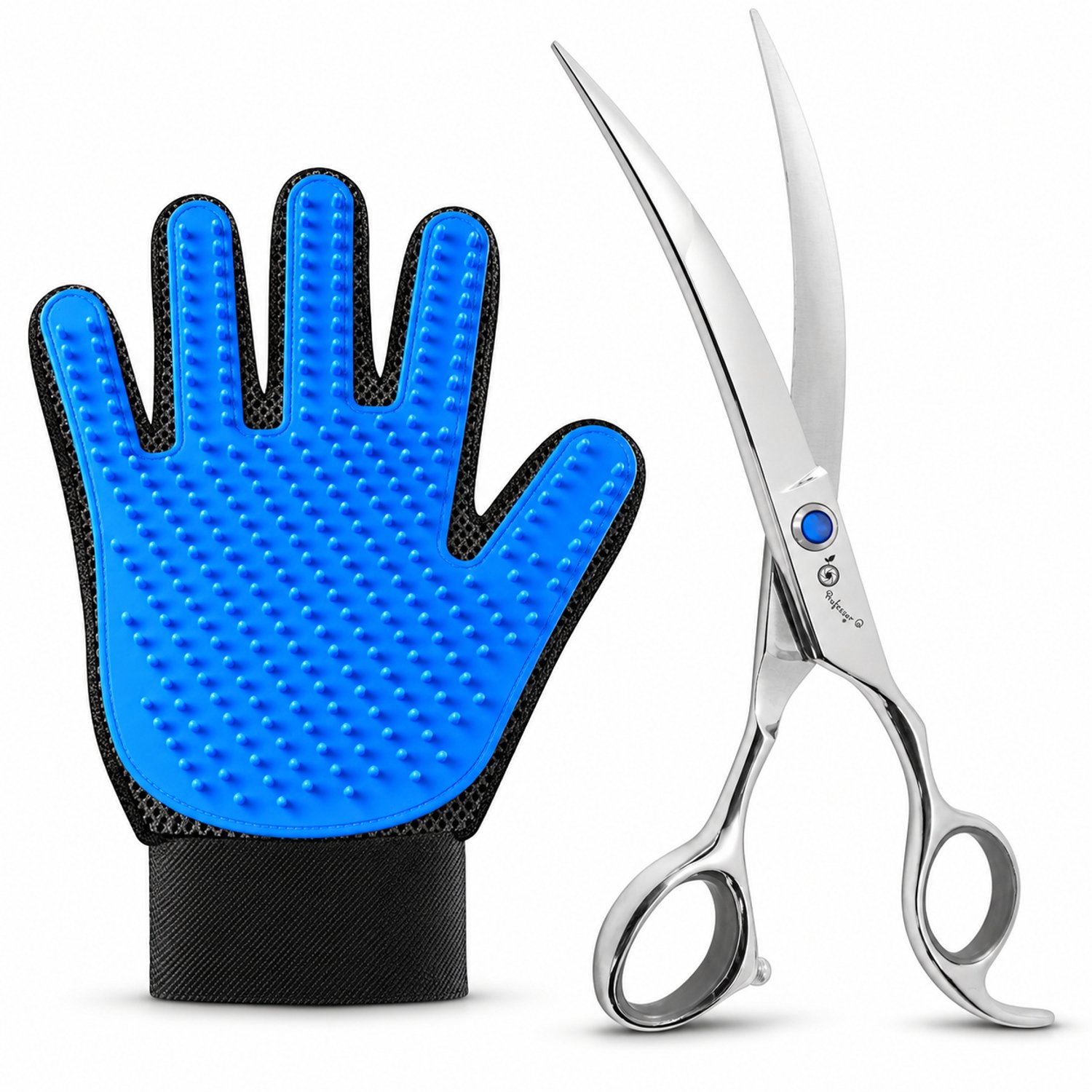 Professor Q Hondentrimset - Gebogen Trimschaar 8 inch Zilver - Vachthandschoen Blauw - 2-delig