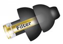 Zwarte oordop met een centrale gouden kern waarop 'Filter' staat.