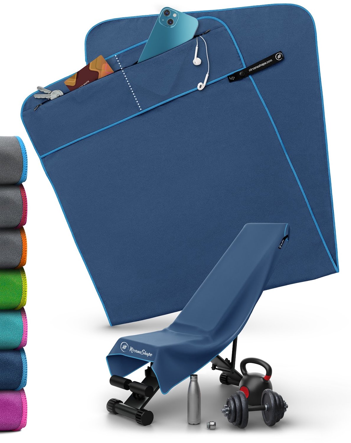 NirvanaShape - microvezel handdoek - sporthanddoek met 2 ritsvakjes - gym handdoek met verwijderbare magneetclip - compact en absorberend - 125 x 48 cm - Blauw / Lichtblauwe Rand