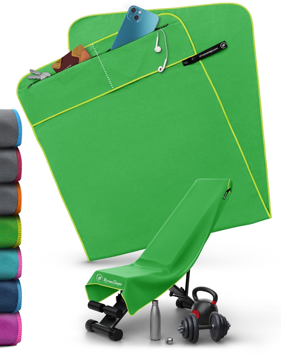 NirvanaShape - microvezel handdoek - sporthanddoek met 2 ritsvakjes - gym handdoek met verwijderbare magneetclip - compact en absorberend - 125 x 48 cm - Groen / Groene Rand