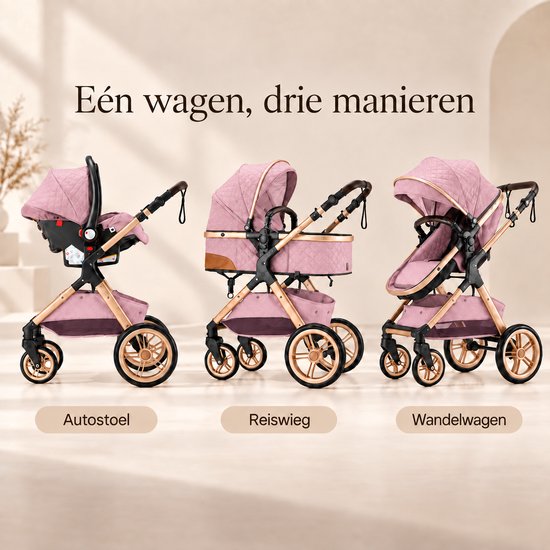 Lunola Elin Kinderwagen 3 in 1 - Buggy met Autostoel - Wandelwagen - Premium Uitvoering - Inclusief Accessoires - Roze — afbeelding 3