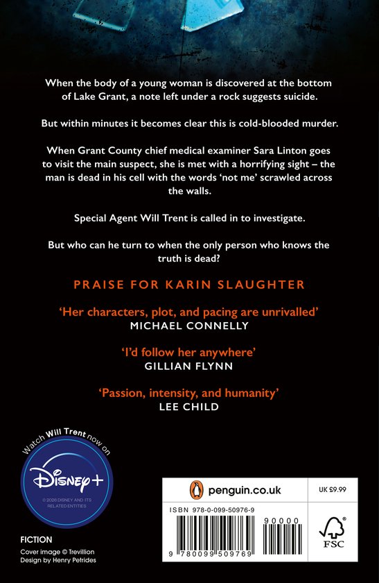 Achterflap van het boek met een samenvatting van de thriller, lovende recensies, een Disney+ logo en streepjescode.