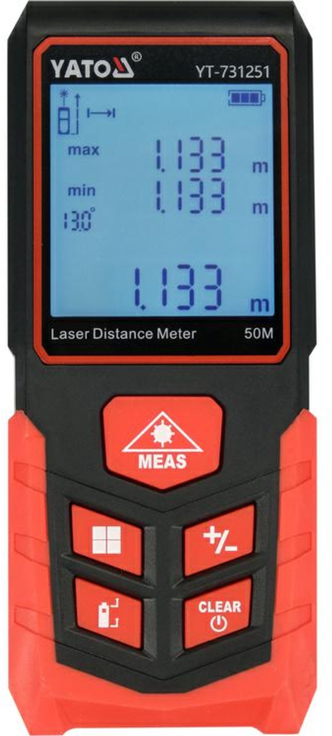 YATO YT-731251 Digitale Laser Afstandsmeter 50m - Met Elektronische Waterpas & Verlicht LCD - Functies voor Oppervlakte, Inhoud & Pythagoras - Incl. Geheugen (99 metingen)