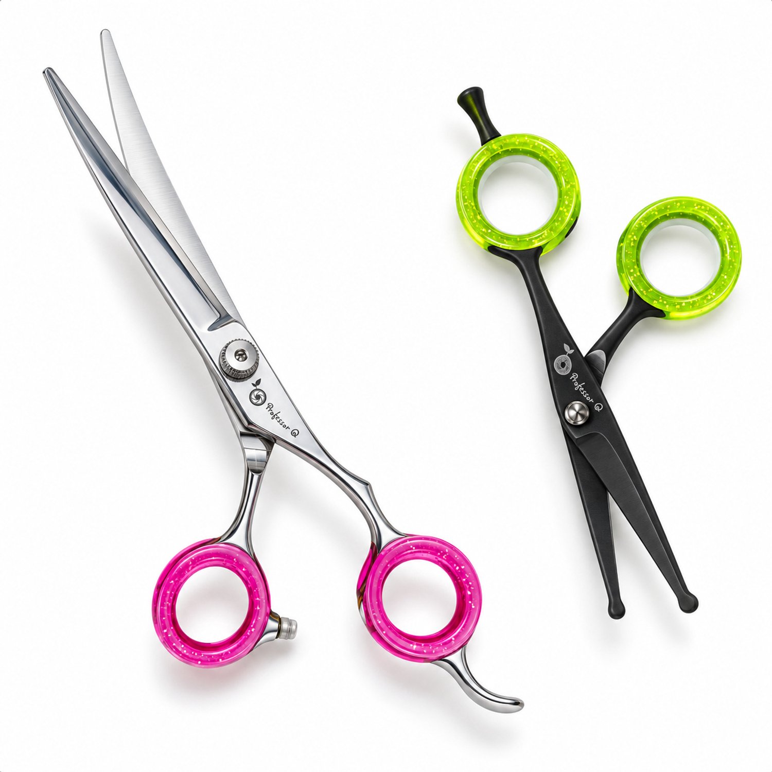 Professor Q Hondentrimset - Omhoog Gebogen Trimschaar 7,5 inch Roze - Potenschaar Zwart/Groen - 2-delig