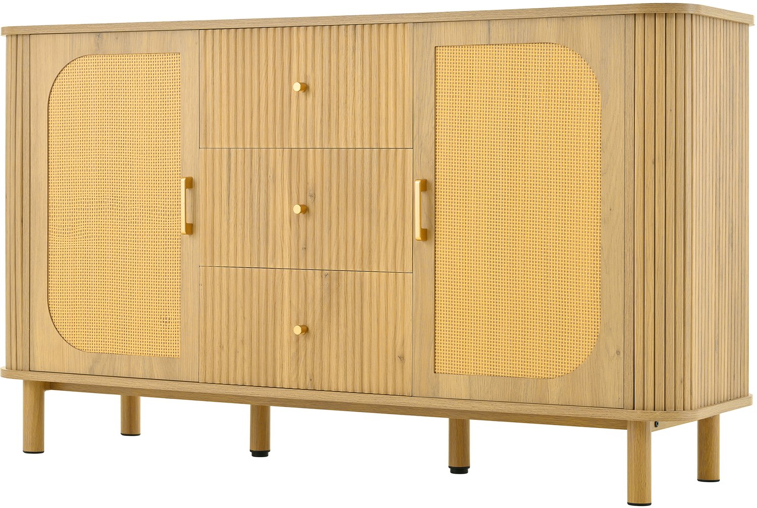 SONNENH Dressoir met 2 rotanlook deuren, 3 laden en ronde zijkanten - Naturel - 140 x 40 x 80 cm