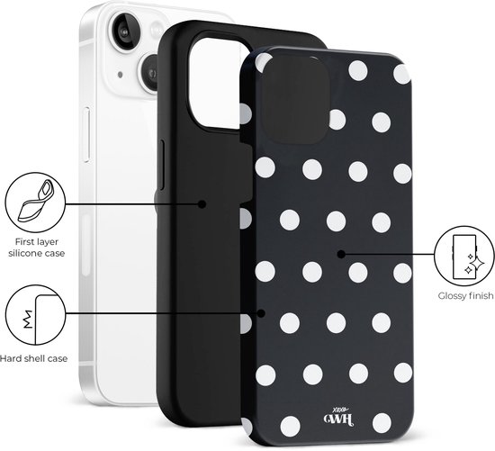 Gelaagd iPhone-hoesje met witte stippen, toont siliconen laag, harde schaal en glanzende afwerking.
