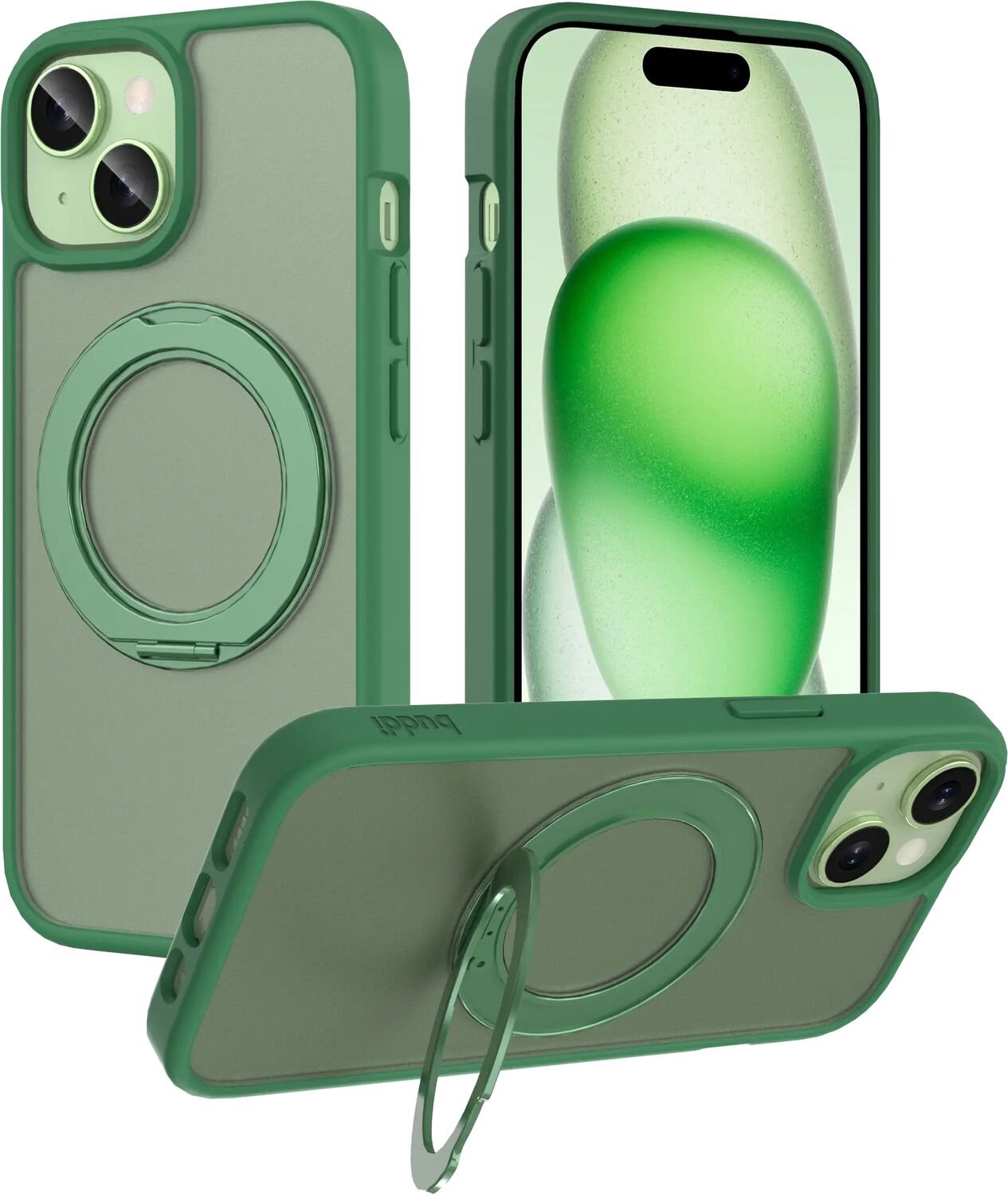 Buddi Frost Hoesje Geschikt voor Apple iPhone 17e/16e/15/14/13 - Mat Groen - Met Ring Stand - MagSafe Back Cover - Matchende kleur - Met 360° Draaibare Standaard - Shockproof - Slank