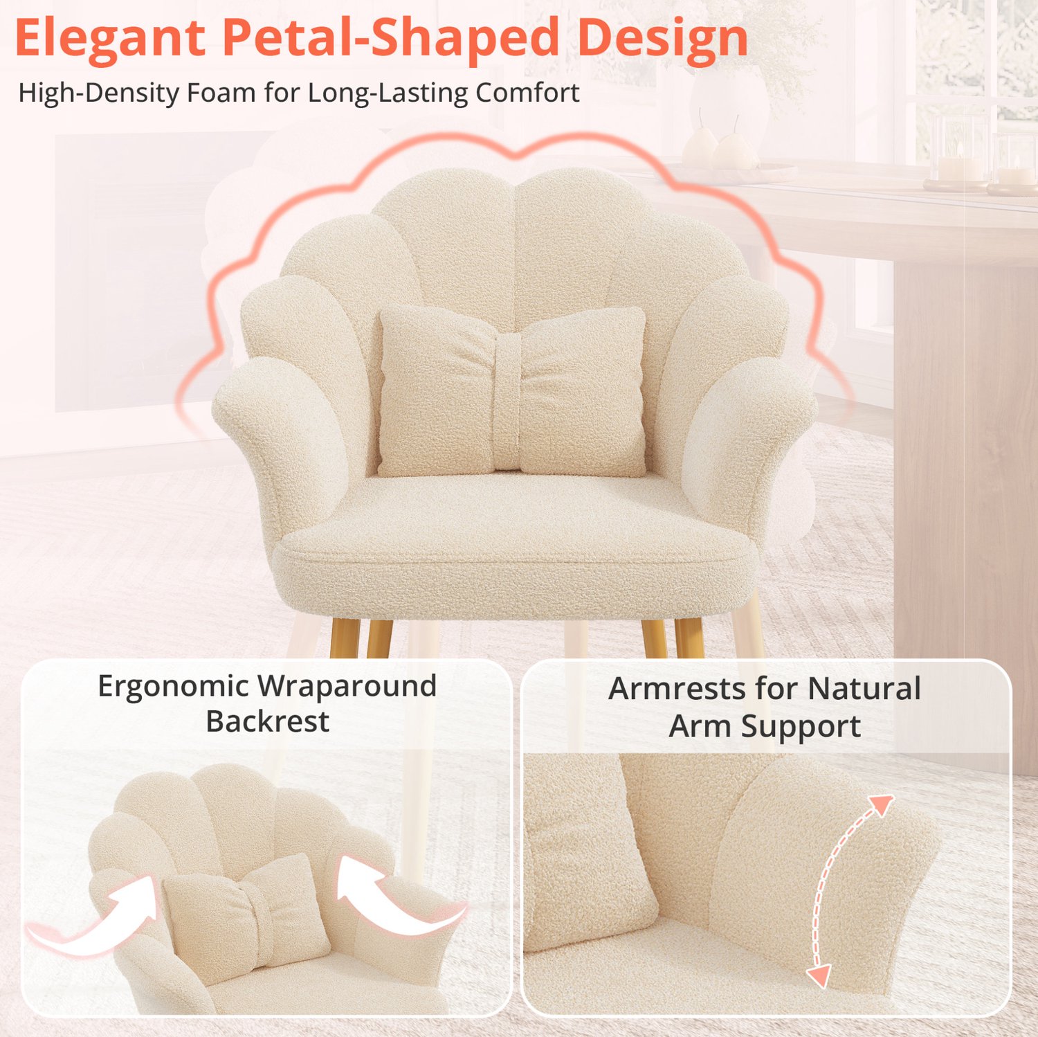 MODENUIT Eetkamerstoel - Set Van 6 Met Armleuningen - Voor Eetkamer - Teddy Stof Beige - 64x65,5x85 Cm