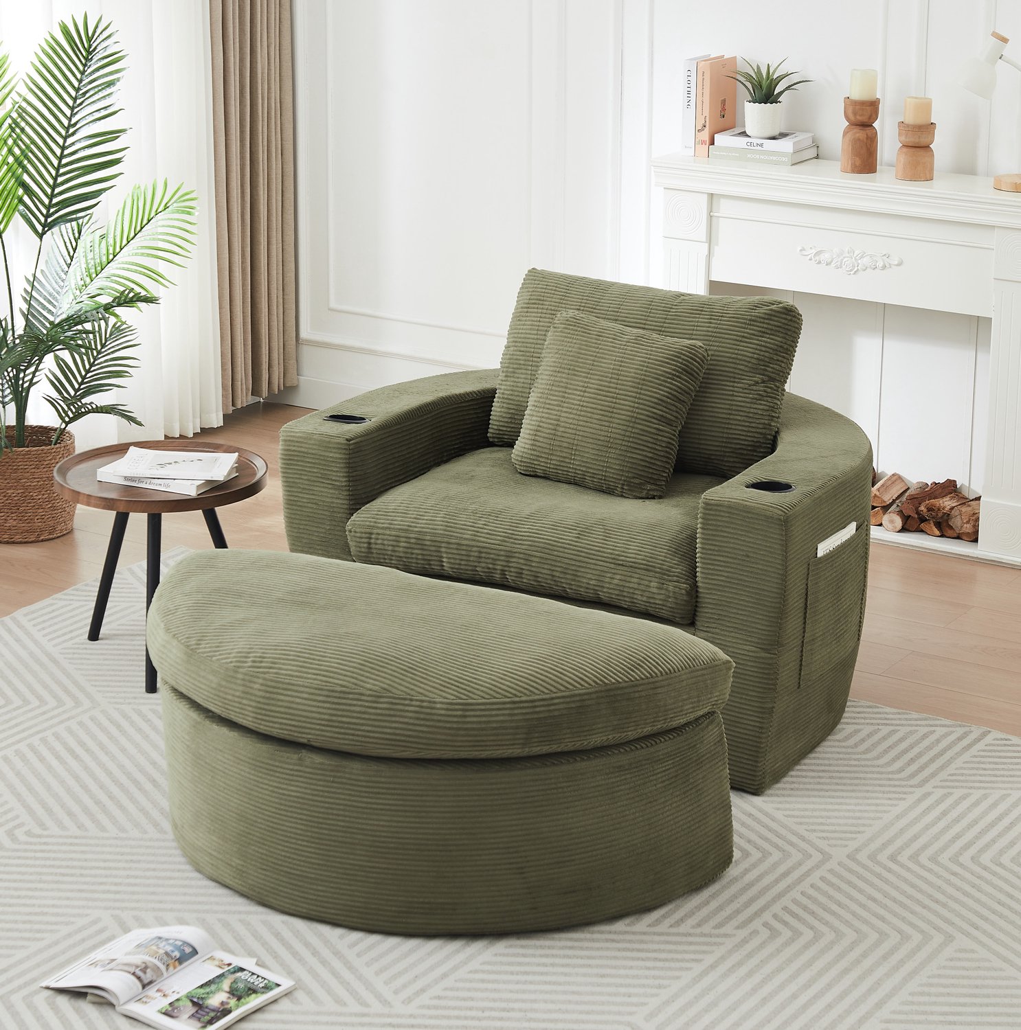 MODENUIT Fauteuil - Verstelbare Hocker Met Bekerhouder - Voor Woonkamer - Ribfluweel Groen - 1-zits