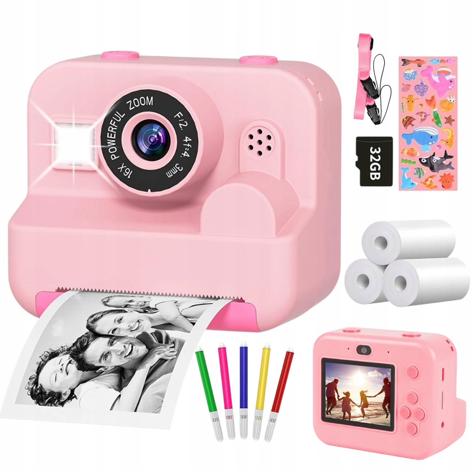 Digitale Kindercamera met Foto Printer - Instant Print Kinder Camera - 2,4 inch - 16x Digitale Zoom - Inktloos Thermisch Printen - Selfie Modus - Jongens & Meisjes - 32 GB - Educatief Cadeau - Speelgoedcamera - Voor Kinderen 3-12 Jaar - Roze