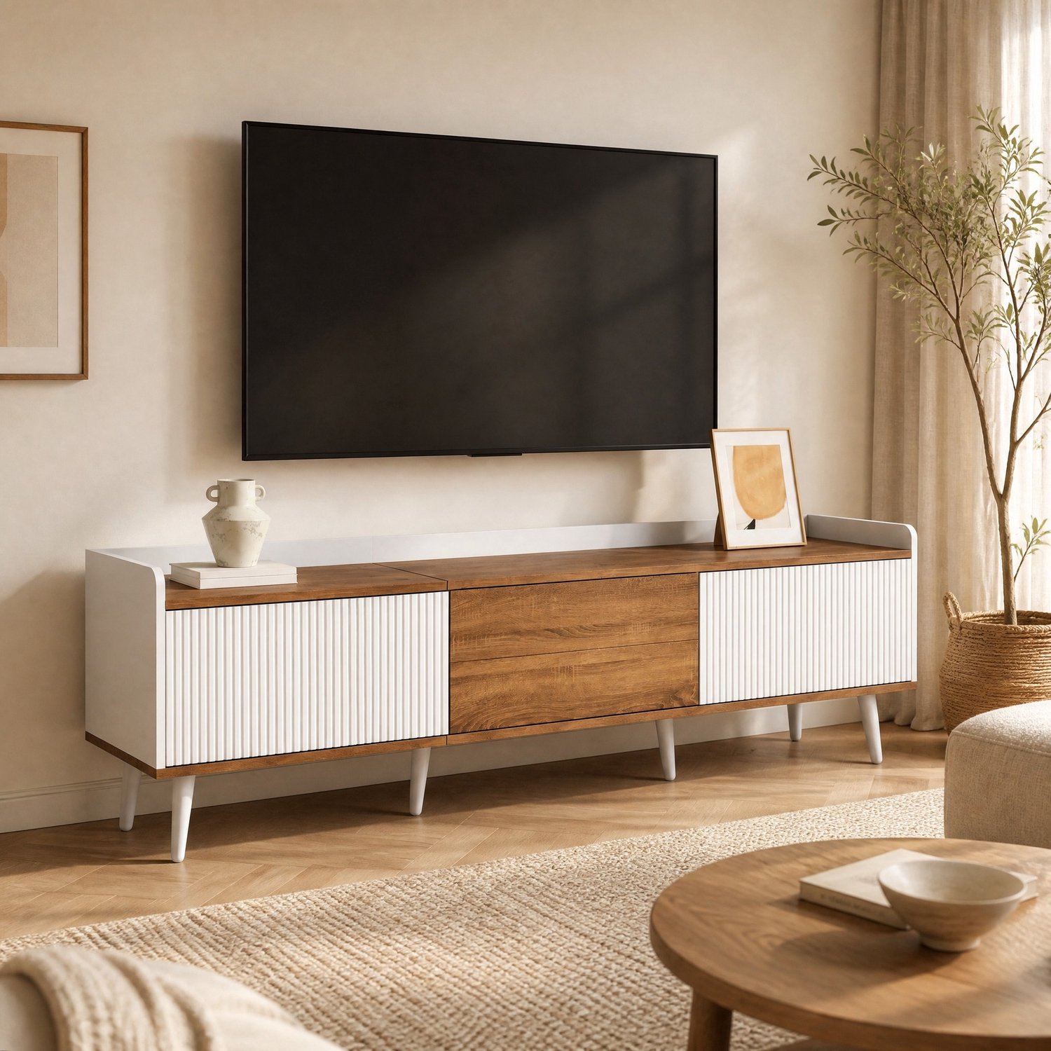 CHICFURN TV-meubel - 3 deuren - opbergruimte - wit en naturel