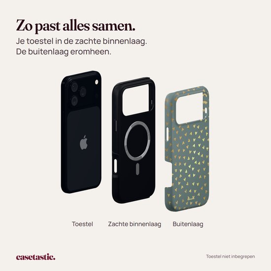 Exploded view van een zwarte smartphone, zachte binnenlaag met MagSafe, en saliegroene buitenlaag.