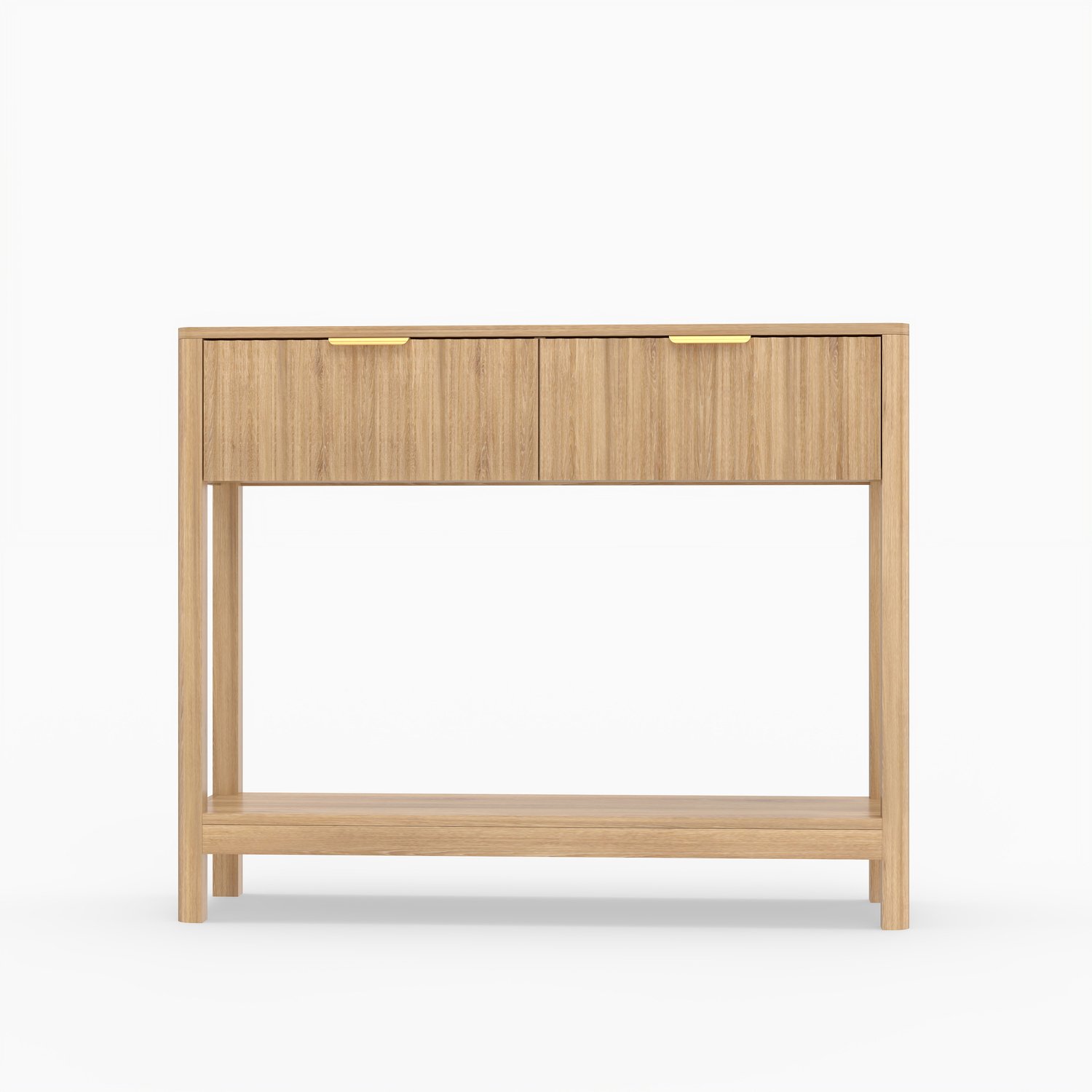 SONNENH Sidetable - Eikenhoutlook met geribde fronten - 2 lades en open onderplank - 100 x 29,5 x 81,5 cm Lichte eikenhoutlook met goudkleurige ladegrepen