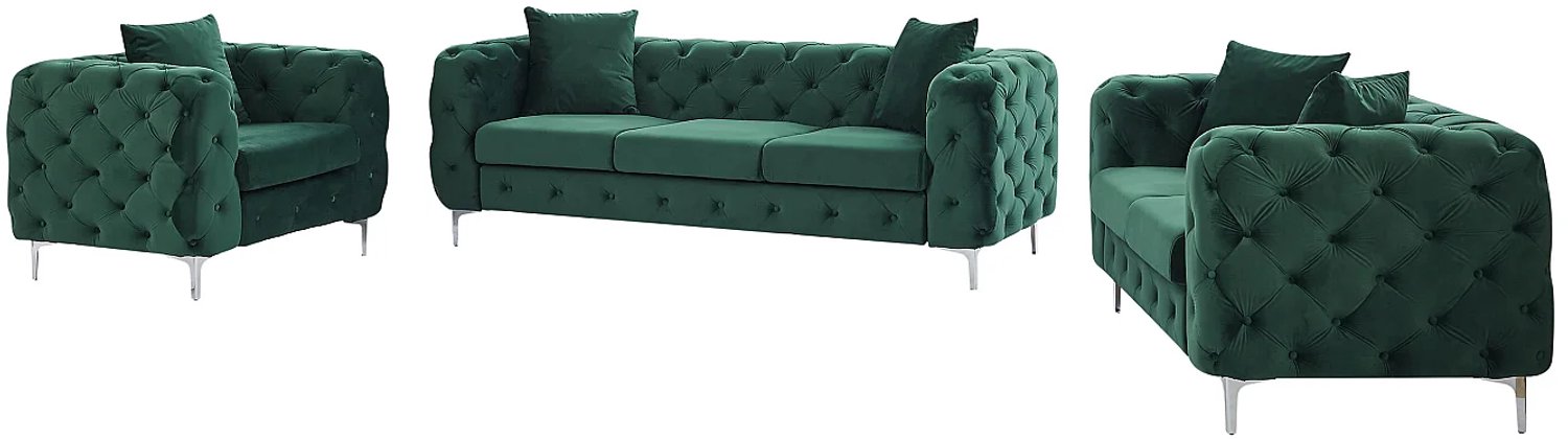 Vente-unique Driezitsbank, tweezitsbank en fauteuil chesterfield in groen fluweel EDWINA