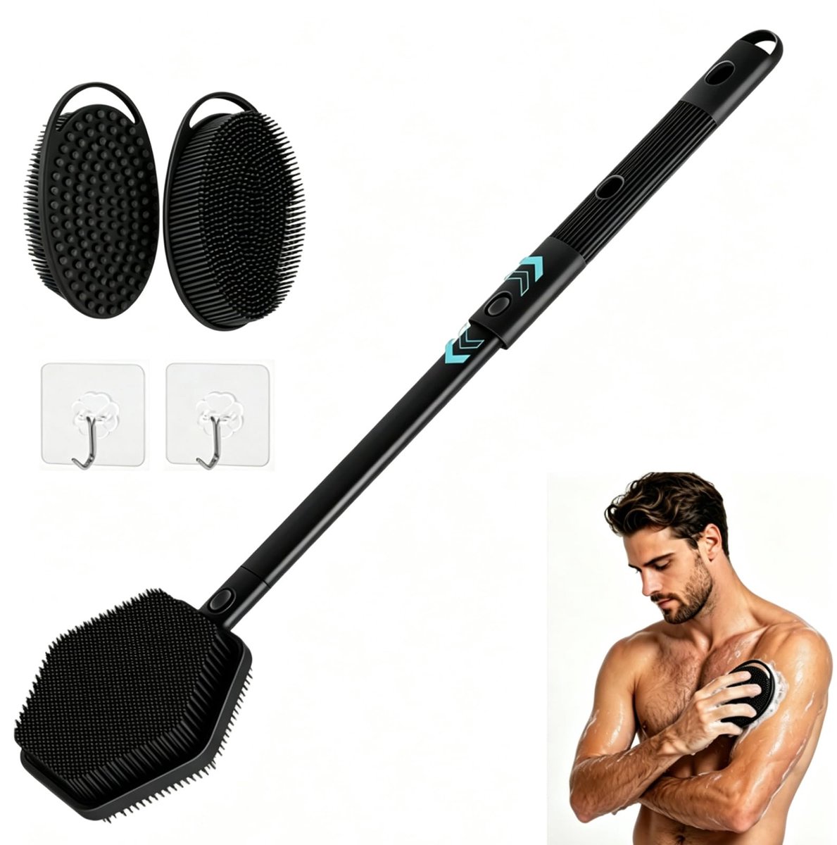 2 stuks Siliconen Rugschrobber - Dubbelzijdig met lange handgreep - Verstelbaar en Afneembaar - Voor rugreiniging en peeling onder de douche