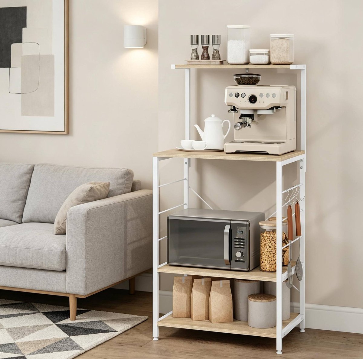 Modenuit Boekenkast - 60x40x123 cm - 4 Planken en 4 Haken - Hout en Staal - Wit en Licht Eiken - Keuken