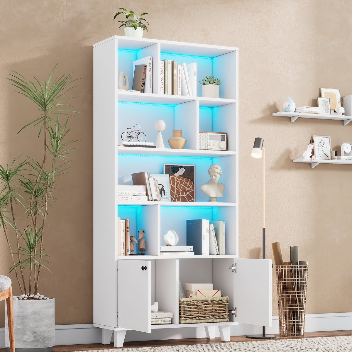 OKWISH Boekenkast – Met Ledverlichting En 2 Deuren – 80 x 30 x 173 cm – 7 Vakken – MDF En Massief Hout Wit