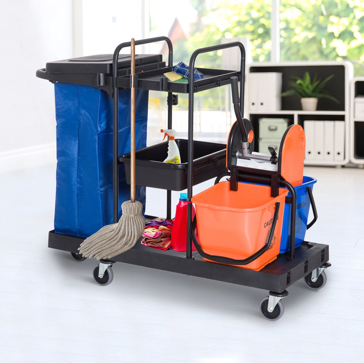 MODFU - Reinigingswagen - Professionele Schoonmaakwagen - 4 Wielen - Uitwringer - Zwart Metaal