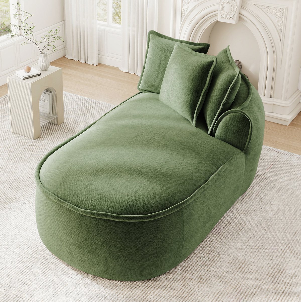 REDOM - Chaise longue - Rechterzijde - Modulair ontwerp - Uitklapbaar tot slaapsofa - Chenille bekleding - Met kussens - Groen - 164 x 92 x 67 cm