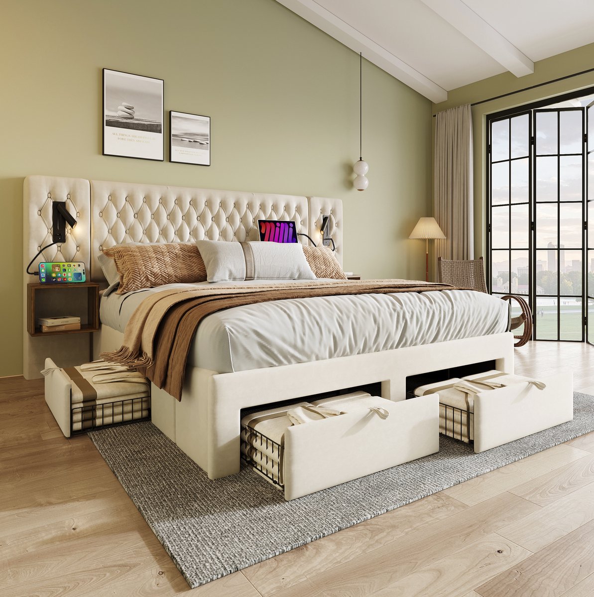 STILVORA Tweepersoonsbed 180x200 cm – Beige Fluwelen Bedframe – Leeslampen met USB en Type C – 2 Nachtkastjes en 4 Lades – Zonder matras
