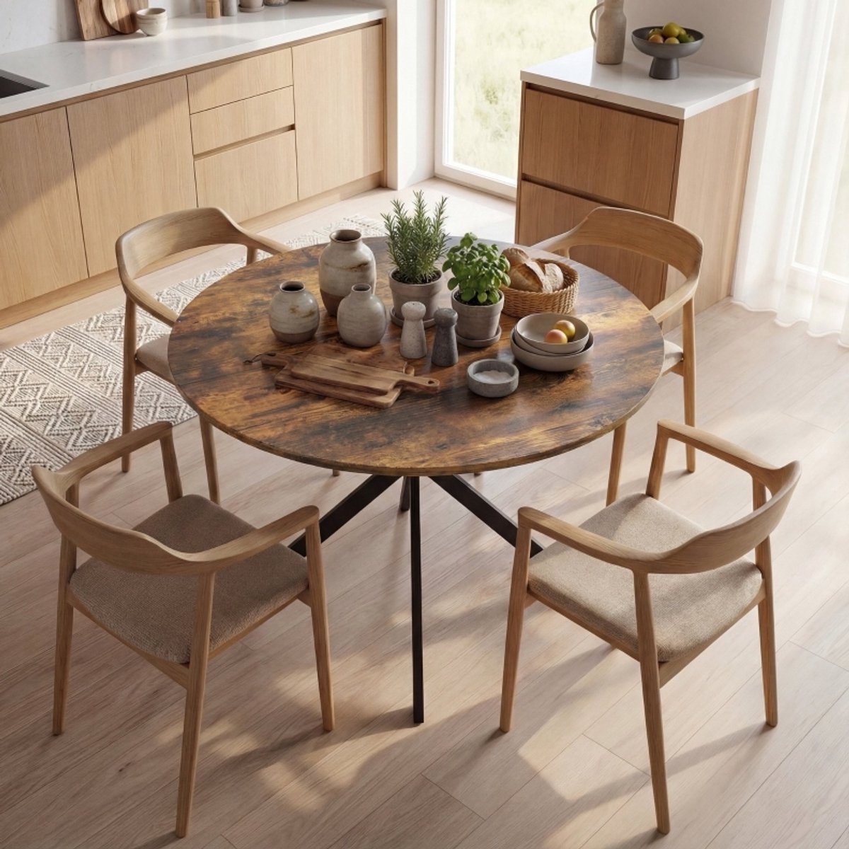 OKWISH Eettafel - Rond 100 Cm - Voor 4 Personen - Industriële Stalen X-Poot Met Verstelbare Voeten - Hout Rustiekbruin