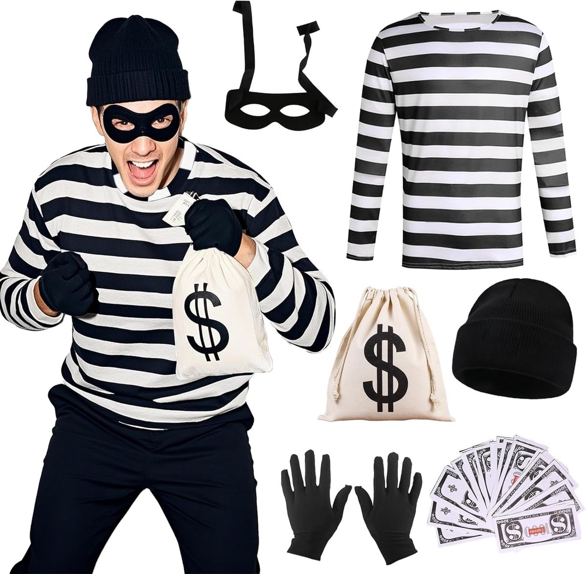 Volwassenen inbreker kostuum set voor Halloween, wereldboek dag en cosplay met zwart-wit gestreepte top, oogmasker, handschoenen en canvas tas
