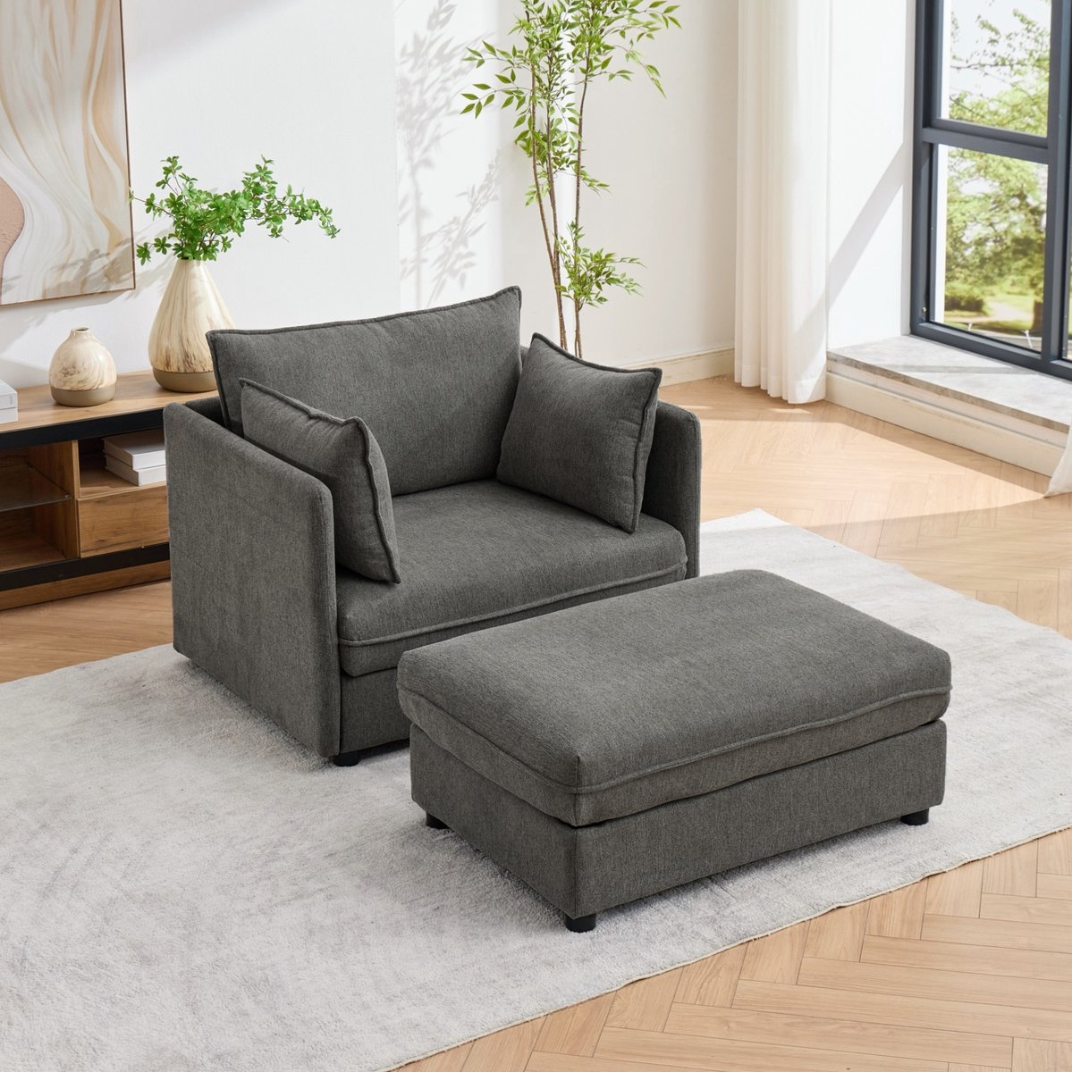 REDOM - Fauteuil - 1-zits met opberghocker - Modulaire opstelling - Velvet bekleding - Moderne minimalistische stijl - Woonkamer - Grijs - 149 x 103,5 x 81 cm