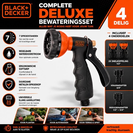 Black+Decker complete deluxe bewateringsset met sproeikop, 2x snelkoppeling 1/2", kraanadapter 3/4" en reduceeradapter.
