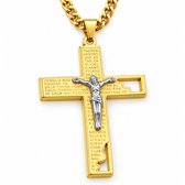 Gouden kruisketting met een kruis van 55 mm met 'Onze Vader' tekst en zilverkleurige Jezus.