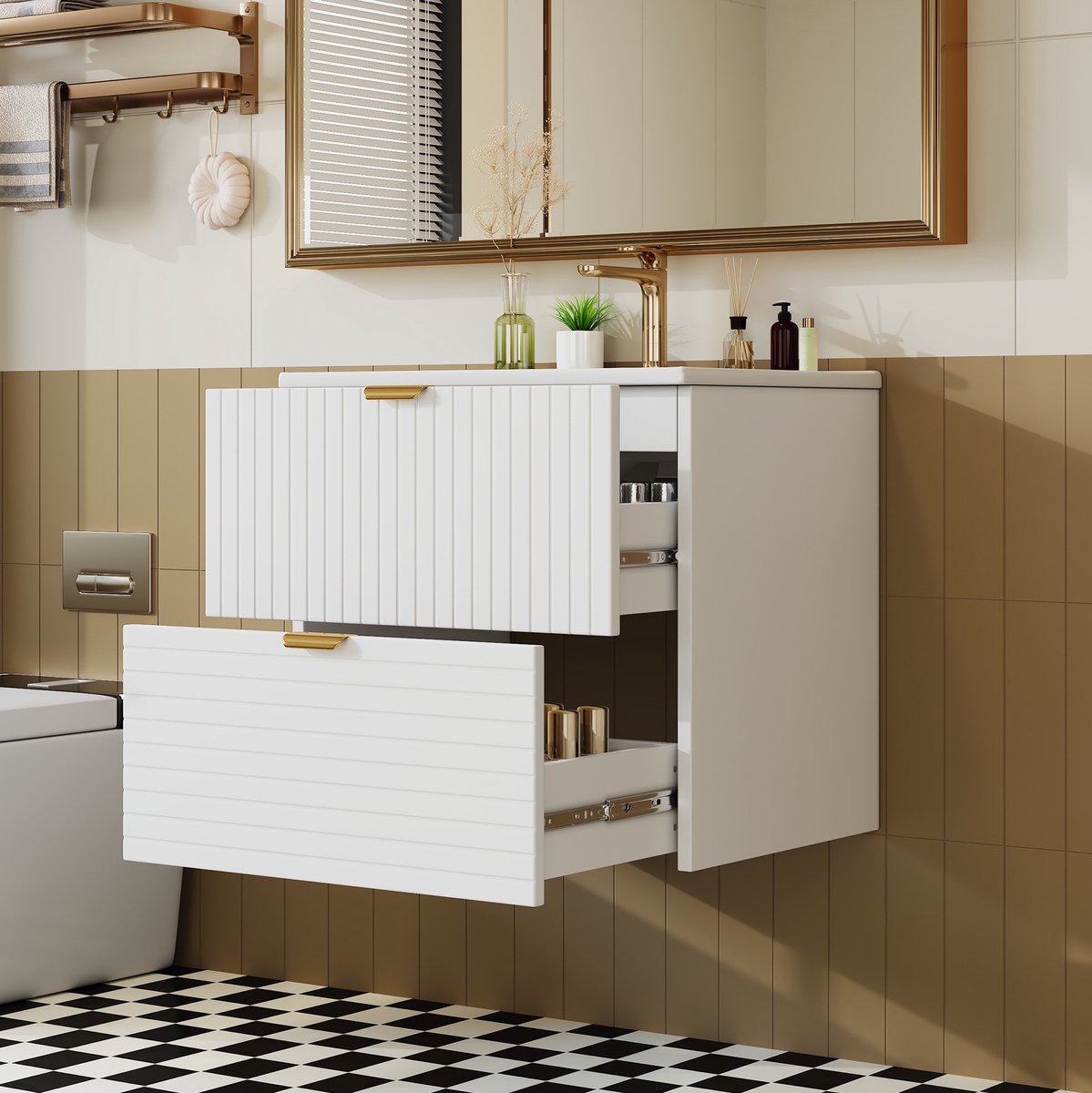 DESMIU Badmeubel - Wandhangend Met Keramische Wastafel En Twee Lades - Voor De Badkamer - MDF En Keramiek - 61x46x57 Cm - Wit