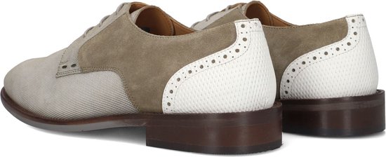 Achterkant van beige nette schoenen met suède en witte gestructureerde hieldetails.