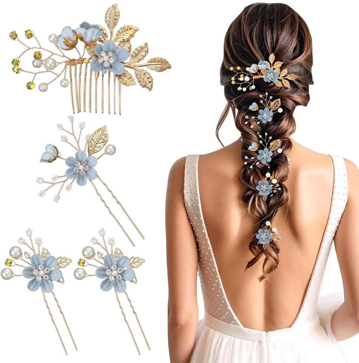 Elzusha - Haarspeldenset met bloemendesign - 4 blauwe haarspelden