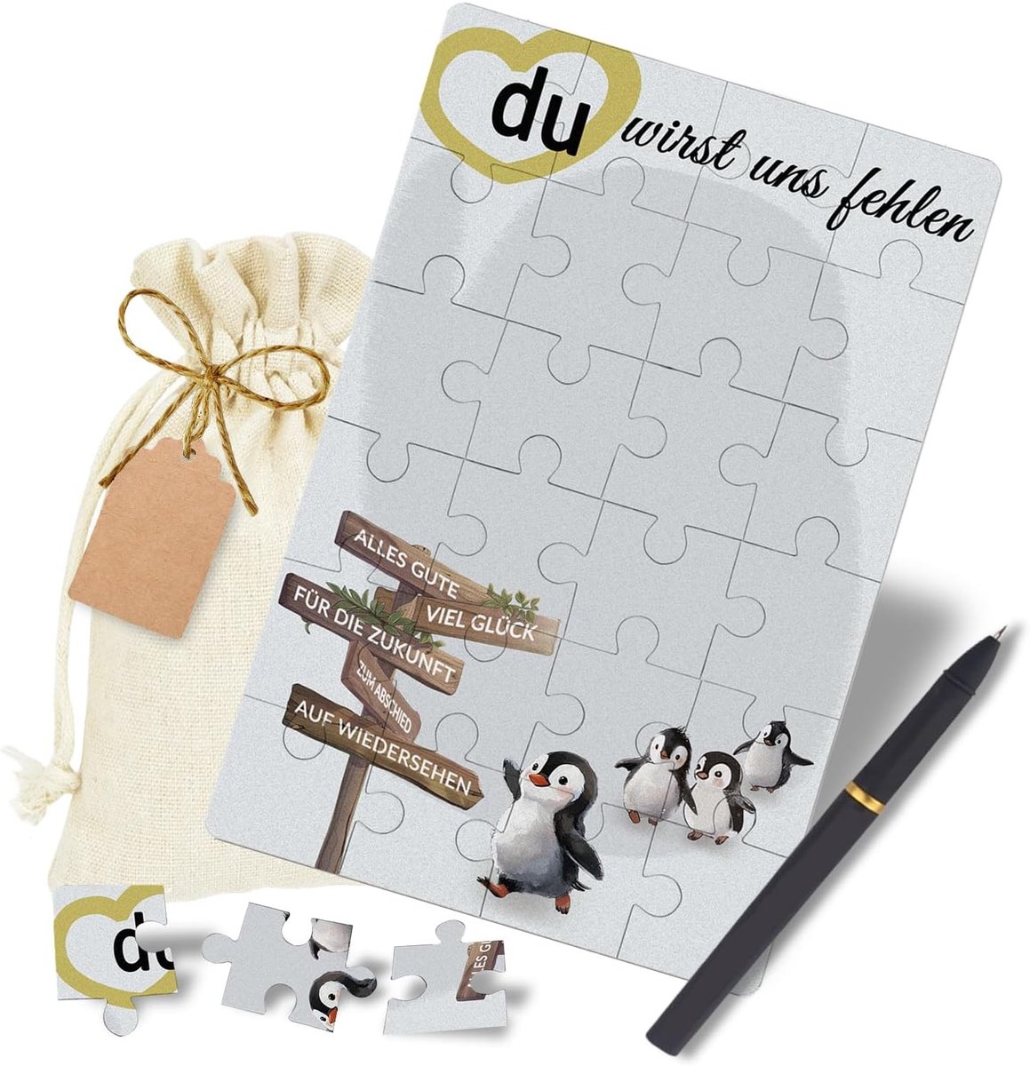 Afscheidskaart voor Collega's - A6 - Pinguïn Wegwijzer Motief - Unieke Puzzelkaart met Katoenen Zakje en Pen - Voor Afscheid van Baan