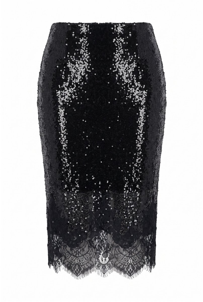 Ulla Popken - Dames - Midi rok pailletten slim fit elastische tailleband - Zwart - Maat 46+