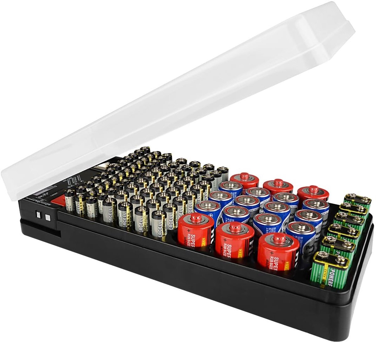 Elzusha - Batterijhouder met Tester voor 98 Batterijen - Zwarte Organizer