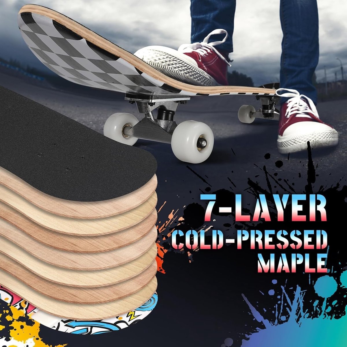 Skateboard - Multicolor - 78 x 20 cm - 7-laags Canadees esdoorn - Voor Kinderen en Volwassenen