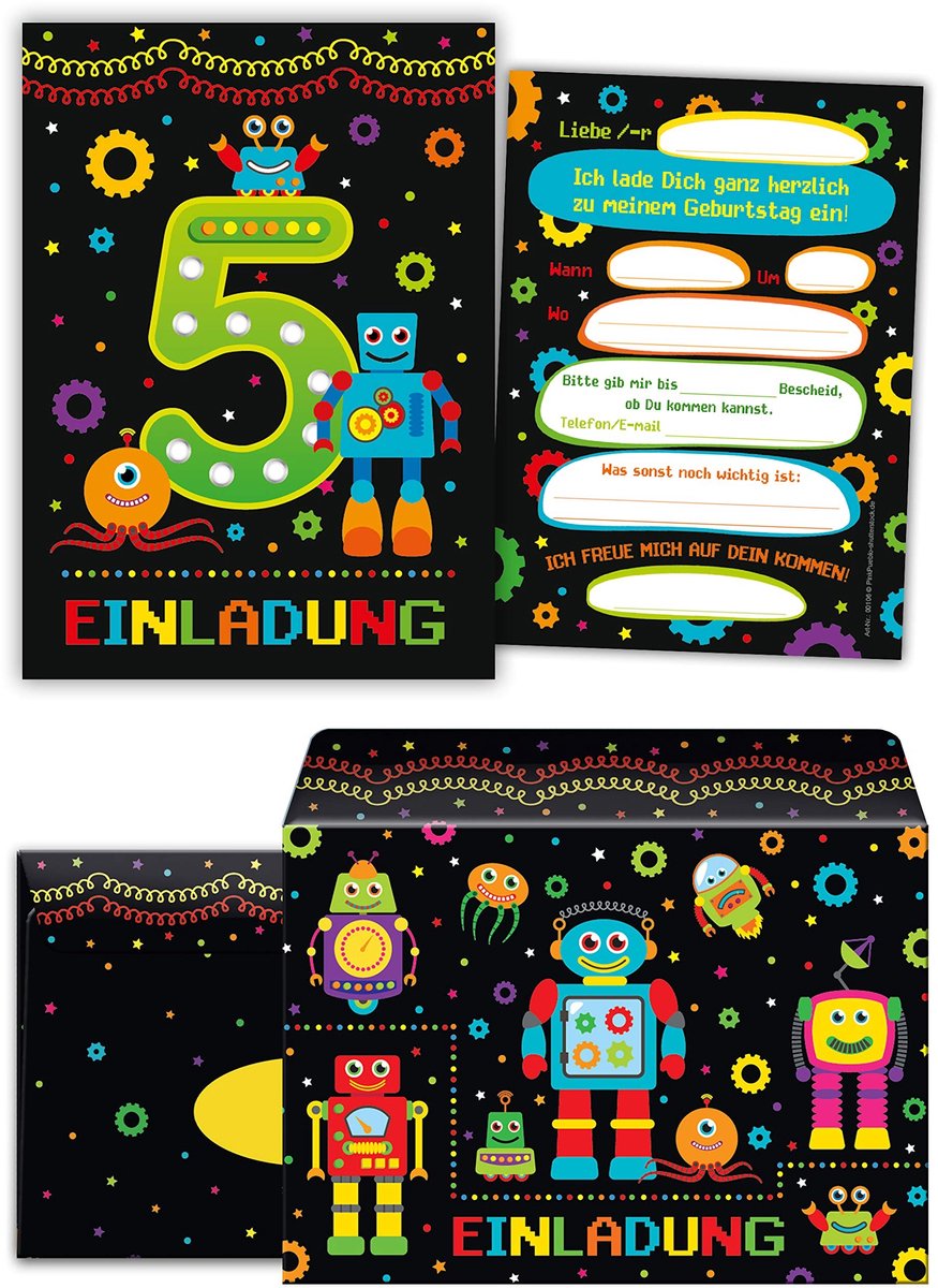 Elzusha - 12 Uitnodigingskaarten met 12 Enveloppen - Robotthema voor Verjaardagen
