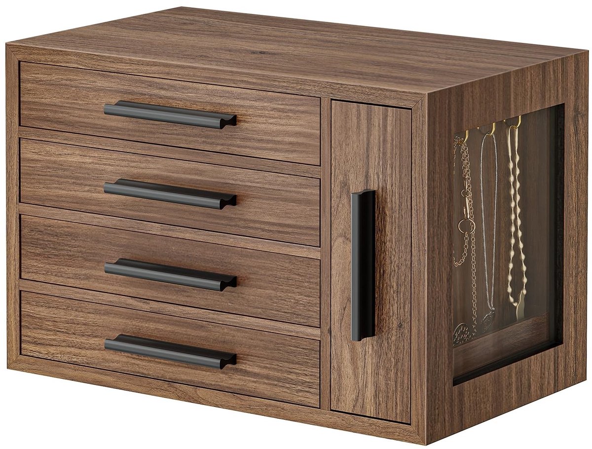 Elzusha - Houten Sieradenbox met Transparant Venster - 4 Lade Organizer