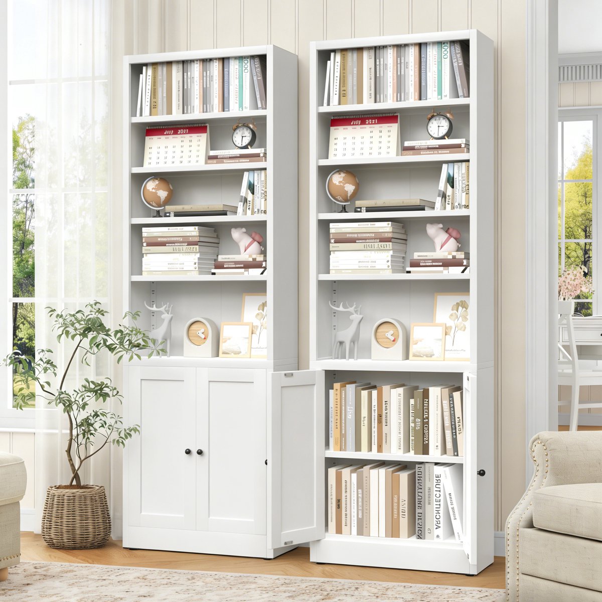 REDOM - Boekenkast - 5 verstelbare planken - Met deur - Industrieel design - Woonkamer en kantoor - Metaal - Wit - 60 x 23,6 x 180 cm